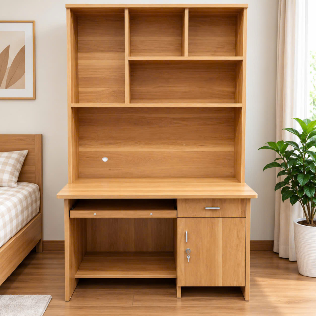 Bàn Học Liền Giá Sách Có Tủ Khóa Và Khay Bàn Phím Đa Năng 1m